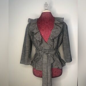 Elena Solano Women’s Belted Ruffle 3/4 sleeve Jacket Gray Size Large